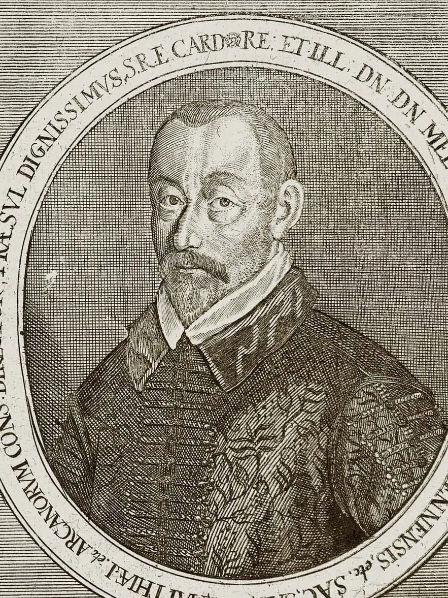 Kupferstichporträt von Melchior Khlesl mit Bart und Kragen in ovalem Rahmen