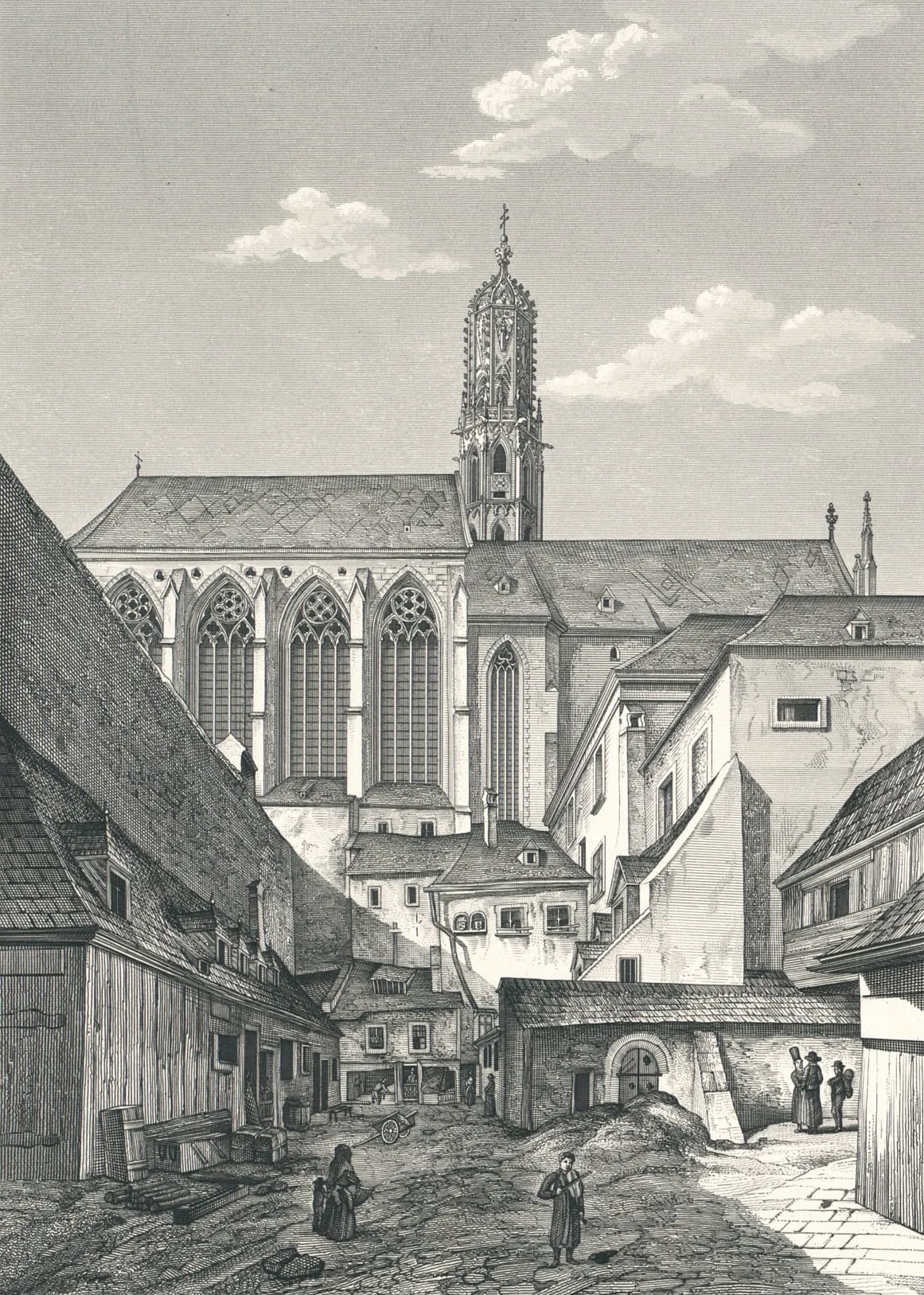 Radierung des alten Passauer Hofs mit Holzbauten im Hof und der Kirche Maria am Gestade dahinter