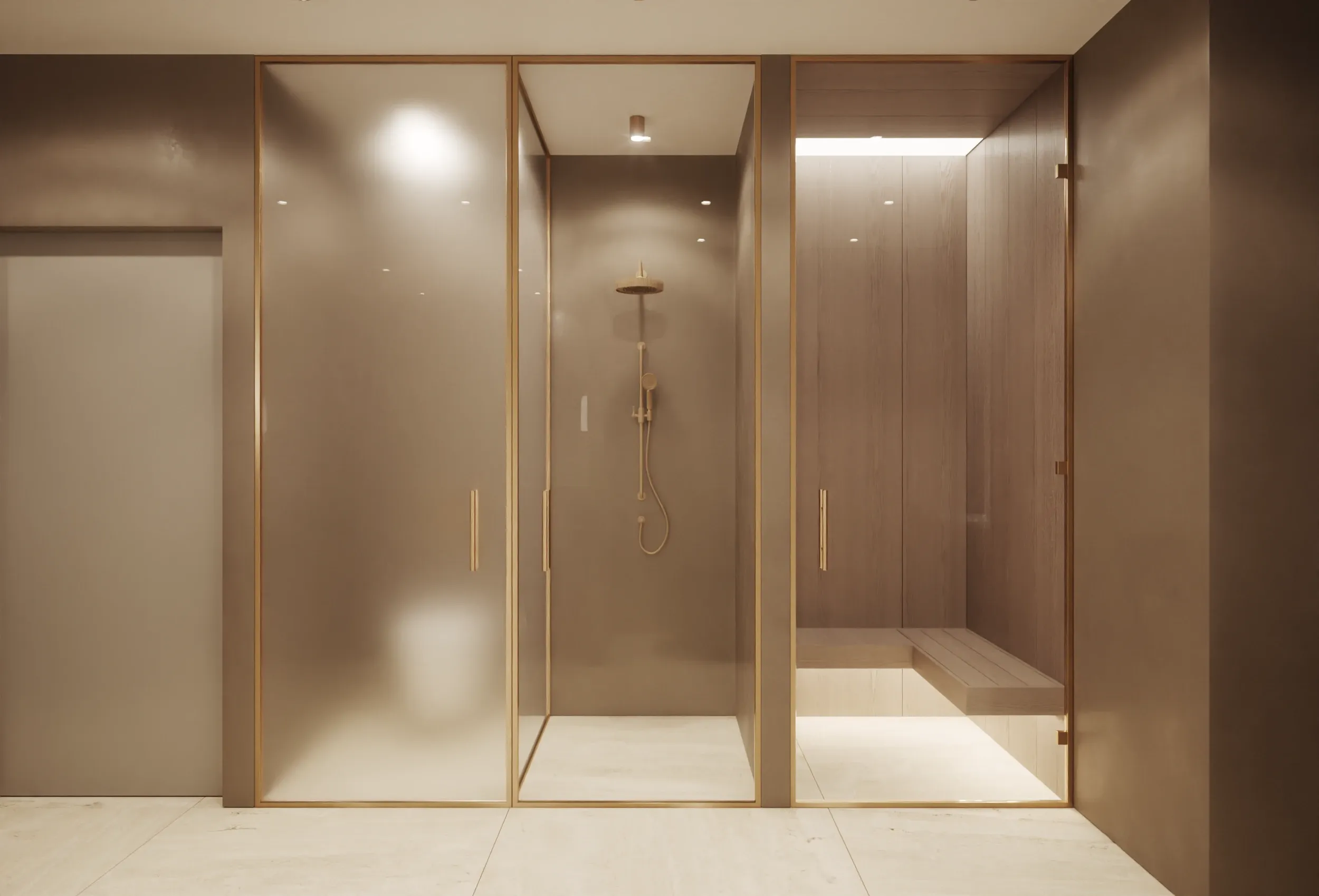 Dusche und Kabine mit Holzbank hinter Glastüren mit Messingrahmen