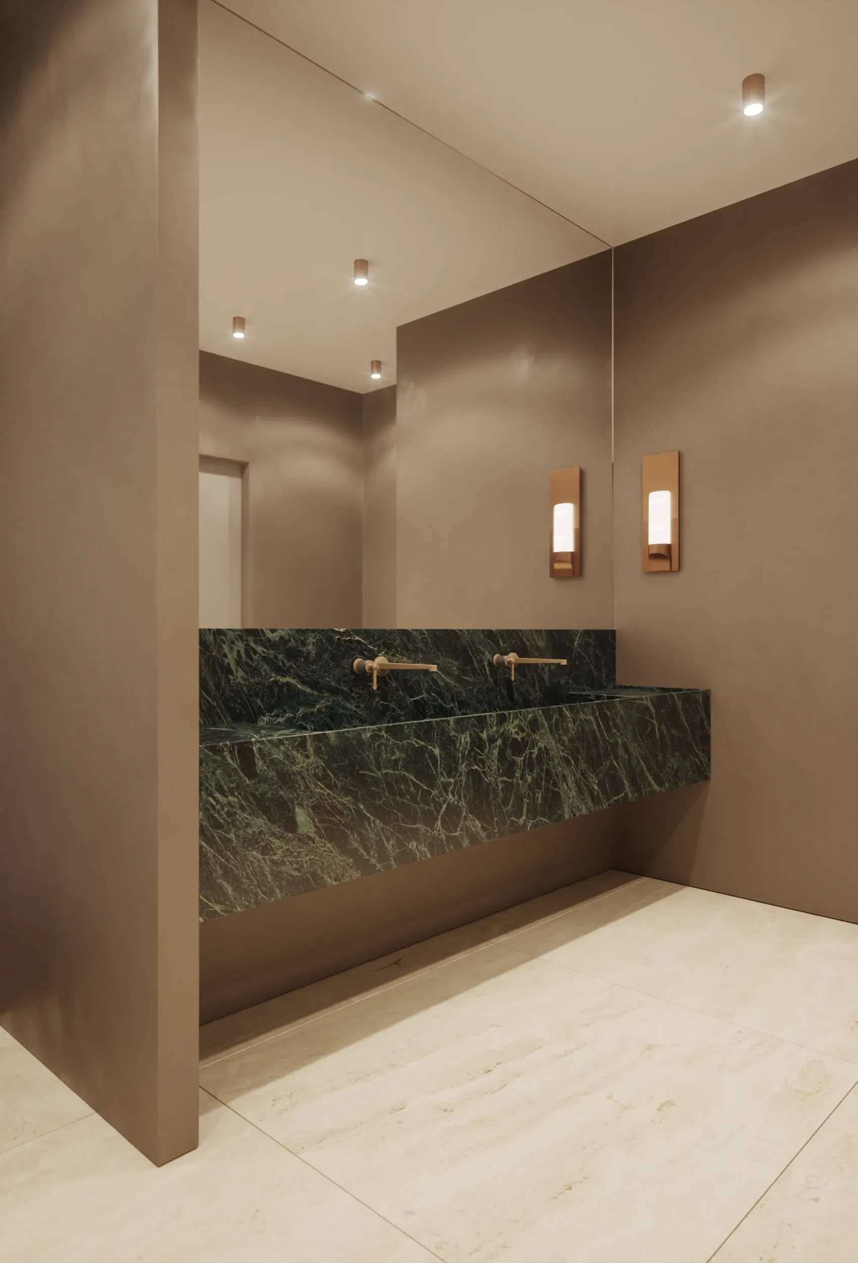 Doppelwaschtisch aus grünem Marmor mit Wandleuchten